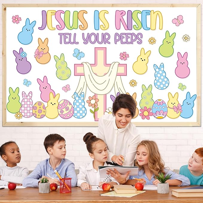 Easter Jesus Bulletin Board Set Easter Egg Bunnies Religion Cross Classroom Decoration Jesus is Risen Bulletin Board Candy Rabbit Flower Spring Cutouts for Sunday School Church Chalkboard Wall Decor