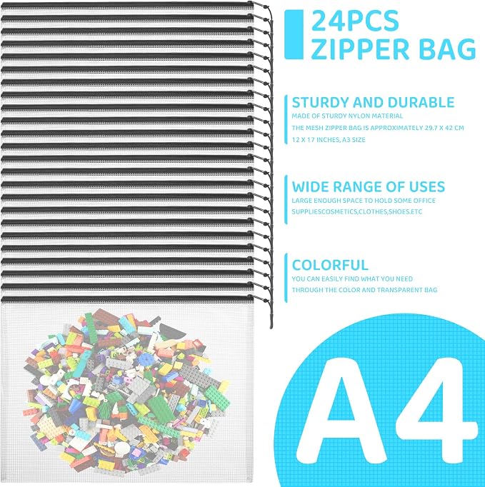 YOPCDJ 24pcs Mesh Zipper Pouch Bags, A4 13x9 Inches Reusable Bags Puzzle Storage Organizer Black Multipurpose for Travel Board Games Toys School Office Supplies and Home Classroom Organization