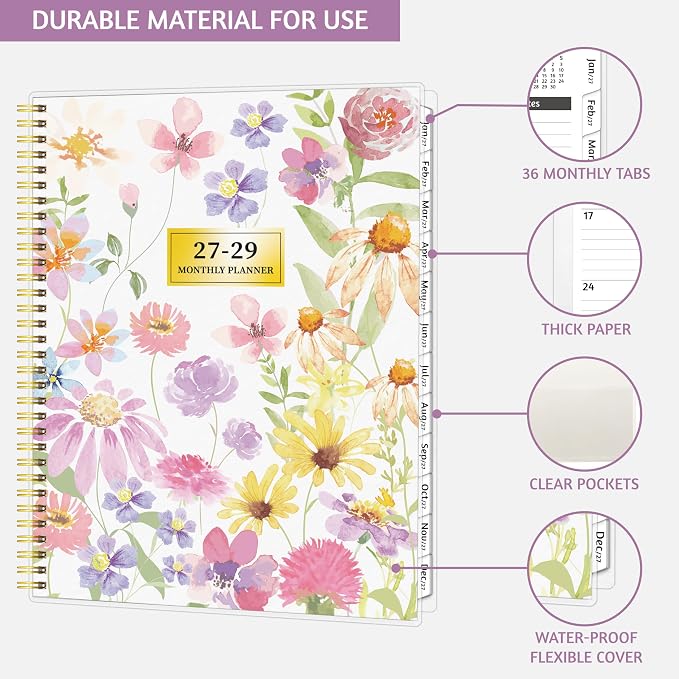 Monthly Planner 2027-2029, 36 Months Calendar Planner 2027-2029 from Jan 2027 – Dec 2029, 8.5'' x 11'' with Ruled Spread, Flexible Cover, Spiral Wirebound, Pocket, Coated Tabs, Notes ＆ Habit Tracker