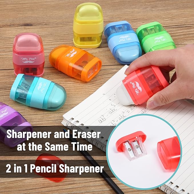 Mr. Pen- Pencil Sharpener & Eraser, 4 Pack, 2-in-1 Manual Sharpeners with Canister, 2 Sharpening Holes for Standard & Jumbo Pencils, Colorful Dual Hole Design for School, Office, Home, Kids