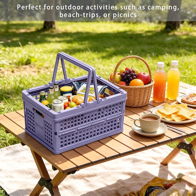 Collapsible Storage Crate with Lid, Folding Crates Bins, Stackable Plastic Storage Baskets with Handle for Home Organization, Office, Picnic, Camping, Groceries, Car Trunk(13.6x9.6x7.28 Inch, Purple)