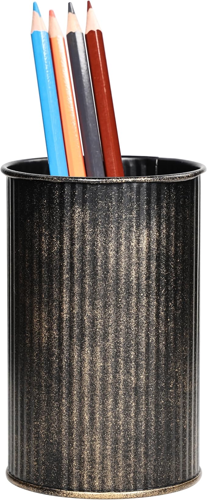 Metal Pen Holder with Vertical Groove Design, Multipurpose Desk Organizer Cup for Pens, Makeup Brushes, Utensils, Straws & Small Vase, Distressed Bronze