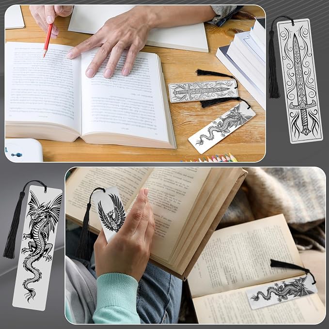 Resurhang Set of 3 Stainless Steel Bookmarks 5.9 x 1.6 Inches Featuring Dragon Phoenix and Sword Fantasy Metal Bookmark Book Accessories for Men Women Friends Book Lovers Birthday Graduation Gift