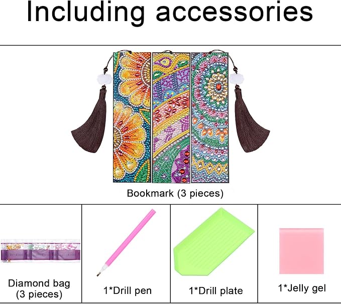 Outus 3 Pieces Diamond Art Bookmark Diamond Tassel Beaded Painting Bookmark DIY Leather Tassel for Graduation Birthday Embroidery Arts Crafts Christmas Supplies