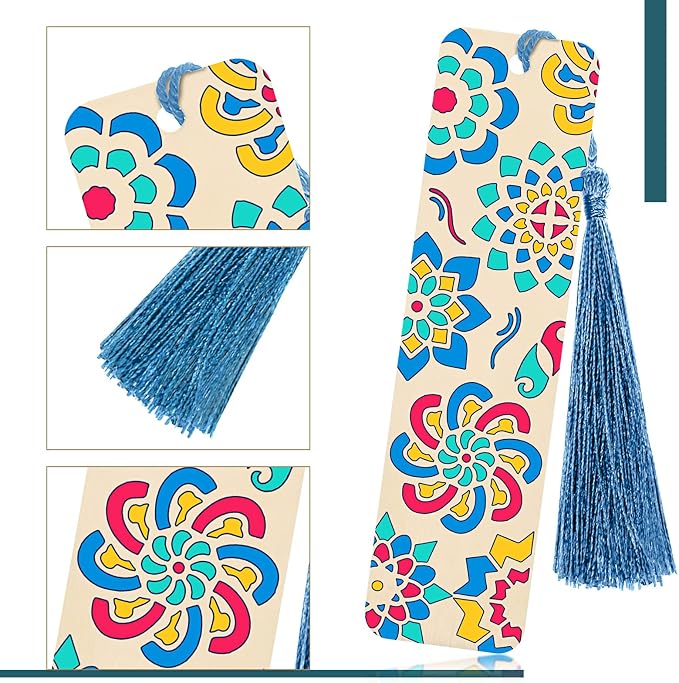 TaoBary 92 Pcs Wood Bookmark Making Kit Includes 36 Unfinished Blank Bookmarks 36 Tassels 20 Templates Craft for DIY Crafts, Painting, Valentine's Day, Mother's Day Gift, (Flower, 4.8 x 1.3 Inch)