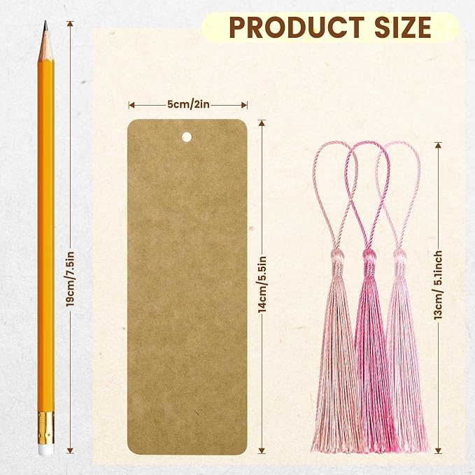 102 pcs Blank Bookmarks with Colorful Tassels – 350gsm Cardstock Bookmark Blanks for DIY Crafts, Holiday Gift Tags, Classroom Projects & Reading Rewards – 5.5 x 2 inch Bookmark Kit (Brown)