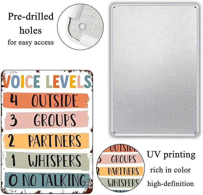 Voice Level Chart Classroom Decor Classroom Policies Classroom Rules Poster, Classroom Management Rainbow Boho Metal Tin Sign 12X16 Inch Plaque