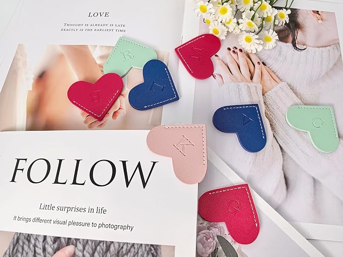 Personalized Leather Heart Bookmarks with Initials, 26 Letters Custom Corner Book Mark for Reading Women,Teacher, Student, Book Lovers Book Marker, Meaningful Gifts (Red+Pink,L)