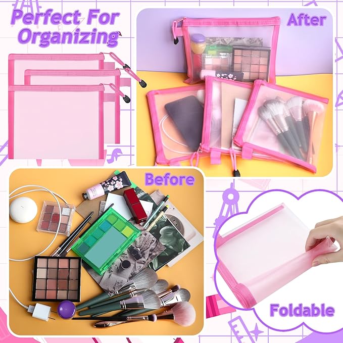 15 Pcs Mesh Zipper Pouch Bags,Pink Makeup Bags,Zipper Nylon Mesh Pouch,Nylon Mesh Cosmetic Bags,Portable Makeup Pouches Organizing for Travel and Office Supplies(Pink, A5)