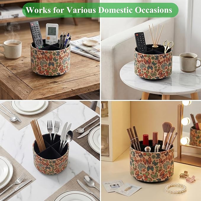 Round Leather Art Supply Organizer,Remote Control Holder,360 Degree Spinning,Multi-Functional Pencil Holder,4 Compartments Desktop Stationary Organizer(1-Color Butterfly)