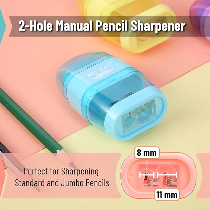 Mr. Pen- Pencil Sharpener & Eraser, 4 Pack, 2-in-1 Manual Sharpeners with Canister, 2 Sharpening Holes for Standard & Jumbo Pencils, Colorful Dual Hole Design for School, Office, Home, Kids