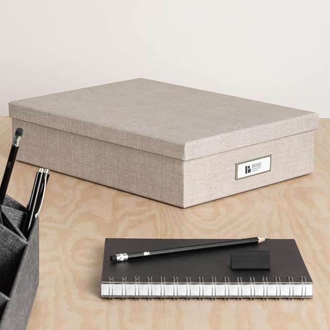 Bigso Oskar Fiberboard Label Frame Document Letter Box for Important Paperwork A4 or Letter Size - Durable Keepsake Box with Lid and Metal Label Holder - 3.3in x 10.2in x 13.8in - Melange Beige