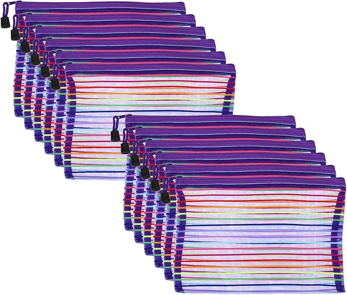 PATIKIL Mesh Zipper Pouch, 12 Pack Nylon A5 Size Pen Pencil Case Document Toiletry Cosmetic Makeup Zipper Travel Pouch Organizer for Office, Purple
