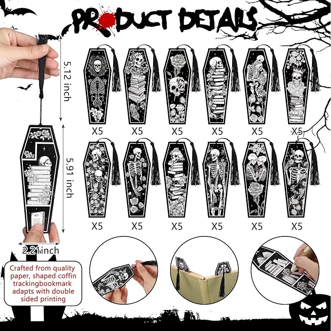 Kolldenn 60 Pcs 12 Styles Gothic Skeleton Coffin Bookmark Horror Bulk Bookmarks Double Sided Book Tracker Skull Gothic Book Marker with Black Tassels for Graduation Teacher Goth Party Favors Gifts
