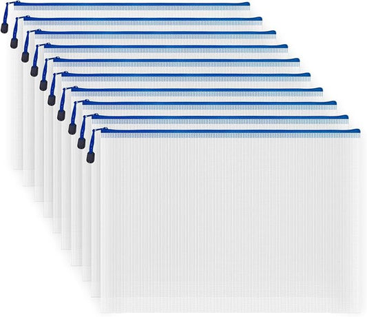 10 Pcs Zipper File Bags, Waterproof Plastic Mesh Pouch for Office School, Board Game Storage Bags (A3 Size 16.9''x12'', White and Blue)