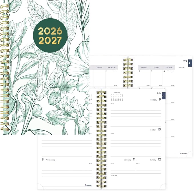Blueline® Essential Academic Weekly/Monthly Planner, 13 Months, July 2026 to July 2027, Gold Twin-Wire Binding, Poly Cover, 8" x 5", Floral Design, Green (CA114PM.02)