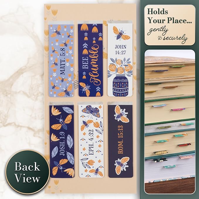 Christian Art Gifts Beloved Magnetic Scripture Bookmark Set with Bible Verse: Let It Bee - Inspirational Magnetic Blue White Gold Bee Themed Pagemarkers Set of 6 for Bibles and Books Size 2.3" x 0.75"