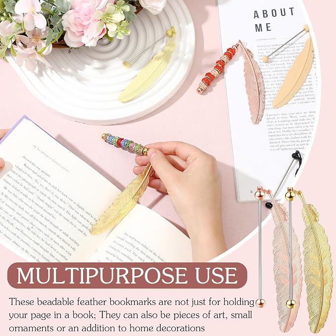 Kosiz 12 Pcs Beadable Bookmark Vintage Feather Metal Bookmark Beading Bookmarks Gifts for Student Office Teacher Birthday Present