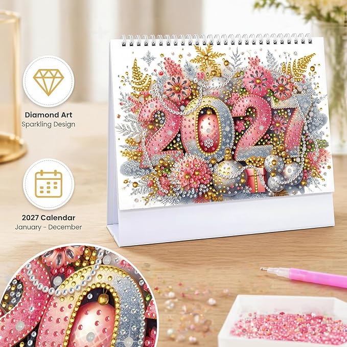 2027 Standing Desk Calendar DIY Diamond Art Painting Monthly Flip Dates Alphabet Theme Tabletop Calendars Diamond Art Craft Supplies Planner Office Home-Letter