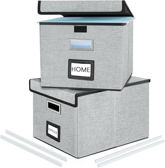 Collapsible File Storage Organizer Boxes with Lids, Portable Large Linen Hanging Filing Storage Boxes, Decorative Home/Office Filling System for File and Folder Storage (Grey)-2 Pack