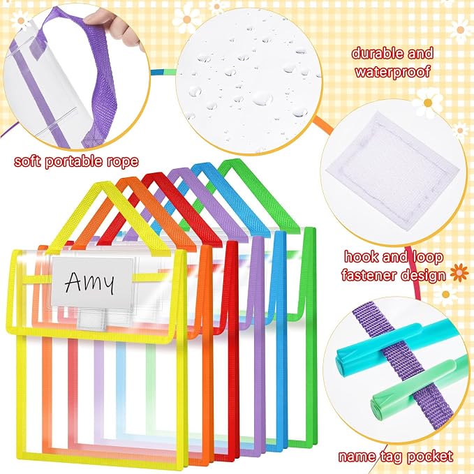 Teling 12 Pack 10 x 12 Inch Clear Book Pouches with Handles and Name Tags, Heavy Duty Reusable Library Book Bags for Classroom, Students Kids and Teacher Supplies (Bright Color)