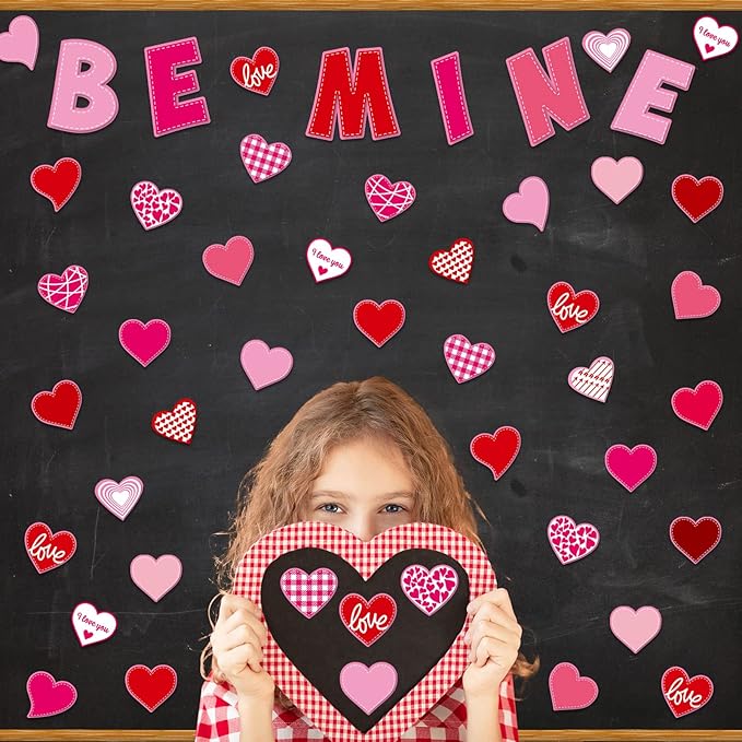68 Pcs Valentine's Day Classroom Bulletin Border Decor Set Valentine's Day Hearts Cutouts Pink Red Be Mine Cutouts for Valentines Classroom Holiday Bulletin Border Wall Decor (Love)