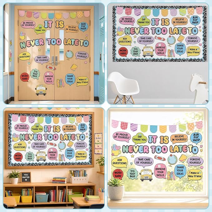 Back to School Bulletin Board Set Inspirational Composition Notebook Classroom Decoration It is Never Too Late Bulletin Board Motivational Positive Paper Cutout for First Day of School Home Wall Decor