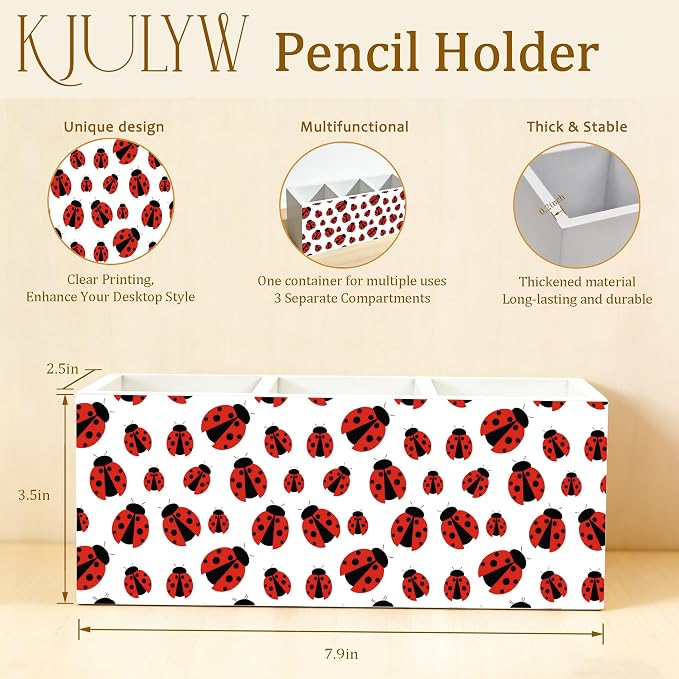 Red Ladybug Pen Holder for Desk, Ladybug Lover Gifts, Cute Lady Bug Decor Wooden Box Pencil Pen Holder Organizer for Home Office Desk Accessories