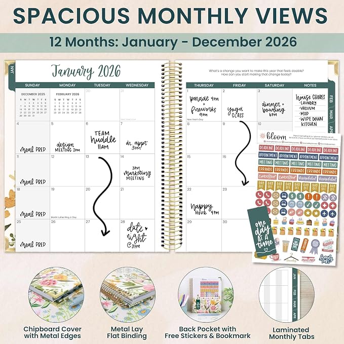 bloom daily planners 2026 Hardcover Calendar Year Goal & Vision Planner (January to December) - Monthly & Weekly Agenda Organizer - 7.5" x 9" - Beige Bouquet