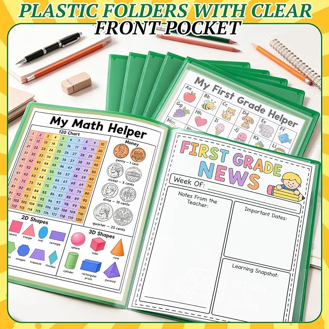 12 Pcs Take Home Folders for Elementary Students,Back to School 2 Pocket Folders with Clear Front Pocket 4 Inner Pockets,Plastic Parent Teacher Communication Folder 11.81 x 9.45 Inch (Green)