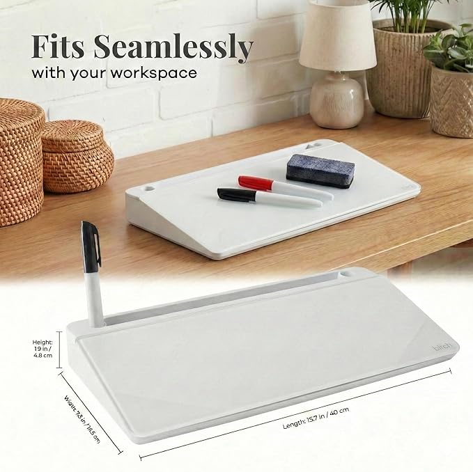 Birch Small Desktop Glass Whiteboard & Magnetic Calendar – Dry Erase Desk Pad Keyboard Stand with Storage, Adjustable Dividers, 3 Markers & Eraser – Office, Home & School (Cloud)