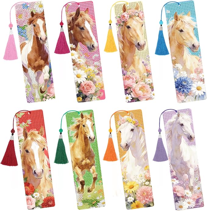 Horse Diamond Art Bookmarks - 8 PCS DIY Diamond Painting Bookmarks Kits Aesthetic Art Craft Supplies, Horse Gift for Women, Birthday Gift for Reading Lover Beginners