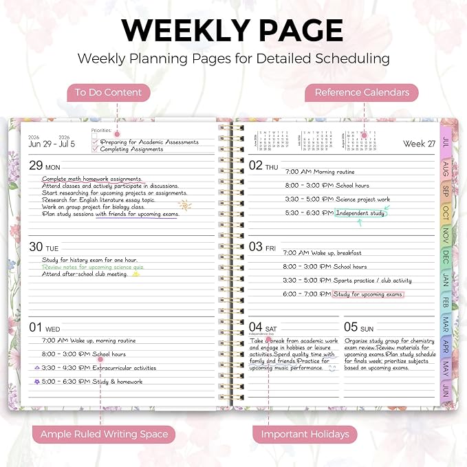 SKYDUE 2026-2027 Monthly and Weekly Academic Planner, July 2026-June 2027, 8.5"x11", Agenda Calendar with Colorful Tabs and Storage Pocket, Ideal for School Office Supplies