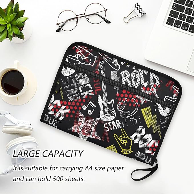 Grunge Rock Music Guitar File Folders,Plastic Folders with 13 Pockets,Expandable File Folder for Documents School Students Office,Aesthetic Folder with Labels A4 Letter Size