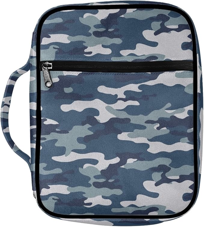 Coldinair Blue Camo Print Bible Cover for Men Women Teens,Carrying Book Case Church Bag Bible Protector with Handle and Zippered Pocket