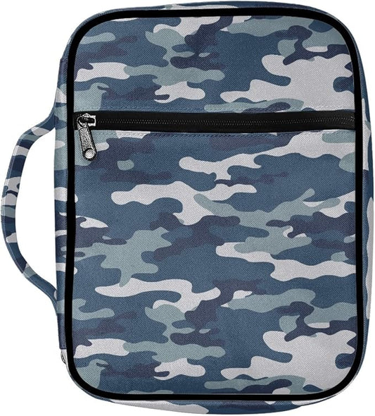 Coldinair Blue Camo Print Bible Cover for Men Women Teens,Carrying Book Case Church Bag Bible Protector with Handle and Zippered Pocket