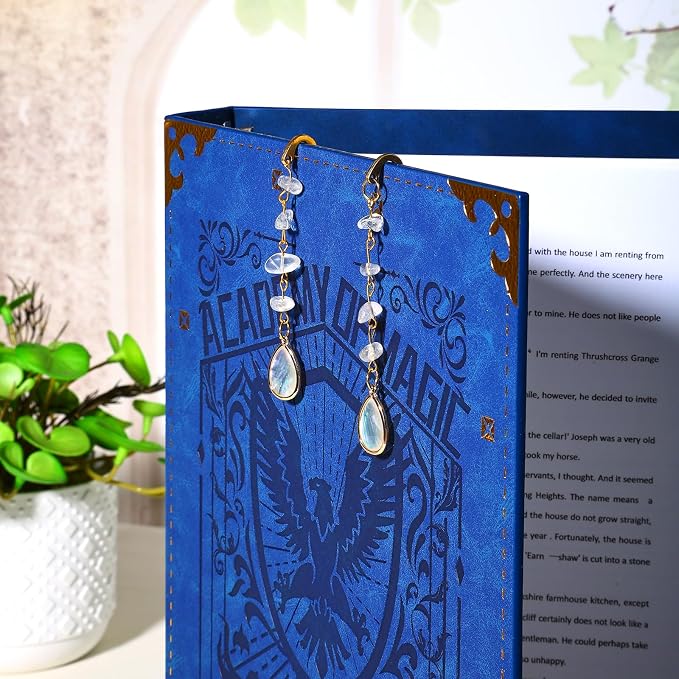 Vintage Metal Bookmark Pendant with Opal Drop Shell&White Quartz Crystal Stones Bead Chain–Elegant Opal Bookmarks for Women,Men,Book Lovers,Teachers and Girls(Gold)