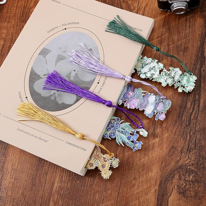 4 PCS Metal Bookmarks with Tassel, Retro Flower Oil Painting Bookmarks for Women (BKM-046-005-F4)