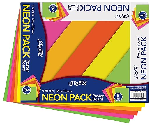 UCreate Neon Poster Board, 5 Assorted Colors, Neon, 11" x 14", 5 Sheets