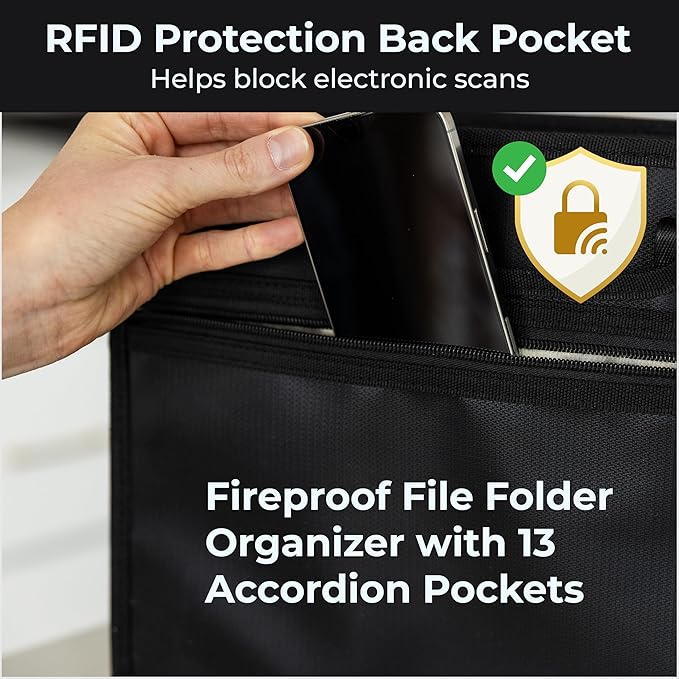 Accordion File Organizer Fireproof, Water-Resistant Document Bag-13 Pocket File Folder-RFID Pocket,Labels,Combination Lock,Reflective Shoulder Strap-Important Document Folder-Home,Office,Travel