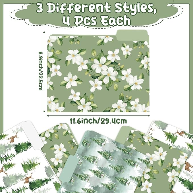 Xqumoi 12Pcs Watercolor Forest File Folders - Christmas Letter Size Decorative File Pockets with 1/3 Cut Tab Pretty Tree Flower Folders for Office Home Classroom Supplies Documents, 8.9 x 11.6 Inch