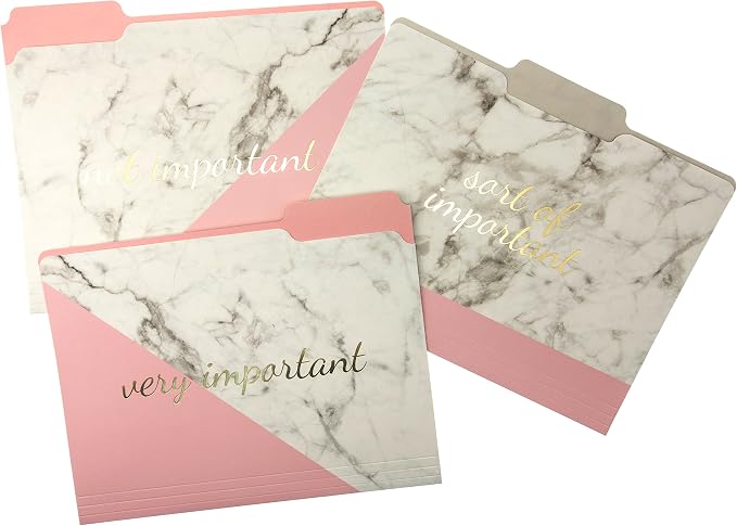 Graphique Blush Marble File Folder Set – File Set Includes 9 Folders and 3 Unique "Important" Designs, Embellished w/ Gold Foil on Durable Triple-Scored Coated Cardstock, 11.75" x 9.5"