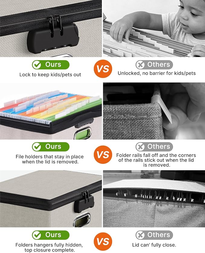 Oterri File Organizer Boxes with Lids, File Box with Mesh Pockets for Letter Size Folders, Lockable Zippers Filing Box for Home,Office, School(Beige, Small-L-1 Pack Without Folders)