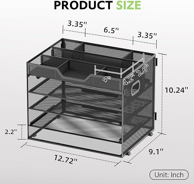 SUPEASY 5 Tier Desk Organizer, Mesh Letter Tray Paper Organizer with 4 Adjustable Storage Compartments & Pen Holder, Metal Desk Accessories for Home Office School, Black