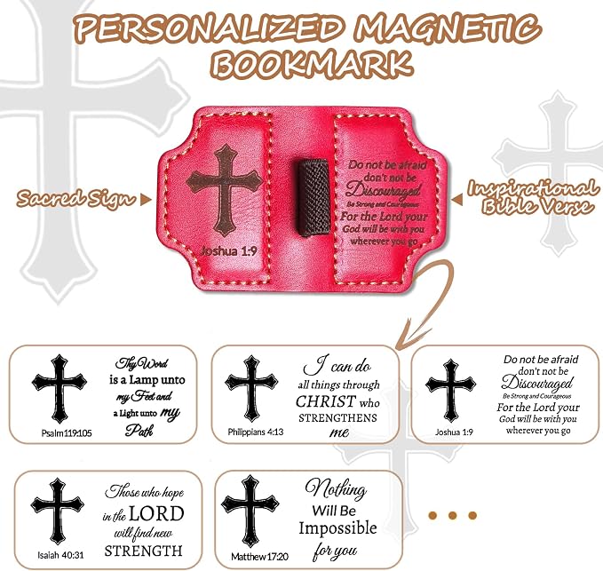 Bygone Mark Personalized Magnetic Leather Bookmark with Pen Holder,Inspirational Bible Verse Religious Bookmarks,Christian Book Lovers Reading Accessory for Men Women (RED, Joshua 1:9)