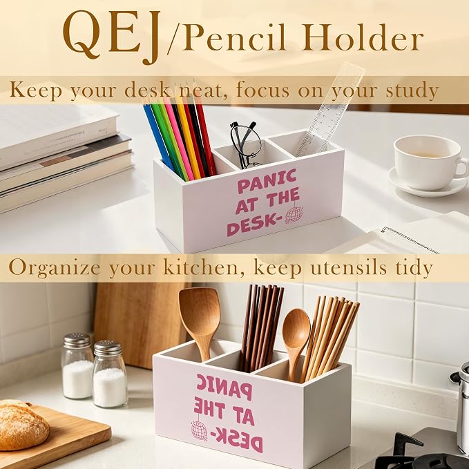 Funny Pink Office Pen Holder for Desk, Preppy Room Decor, Funky Y2K Disco Ball Aesthetic Panic at the Desk Wooden Box Pencil Pen Organizer for Home Office Desk Tabletop