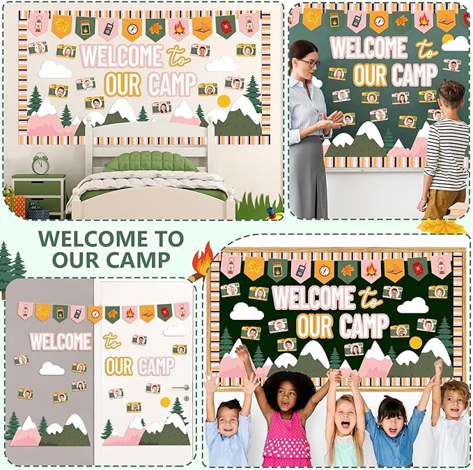 Camping Bulletin Board Set Woodland Classroom Decor Welcome to Our Camp Forest Mountain Classroom Decorations Border Adventure DIY Photo Craft Camper Cutouts for Students School Wall Party Supplies