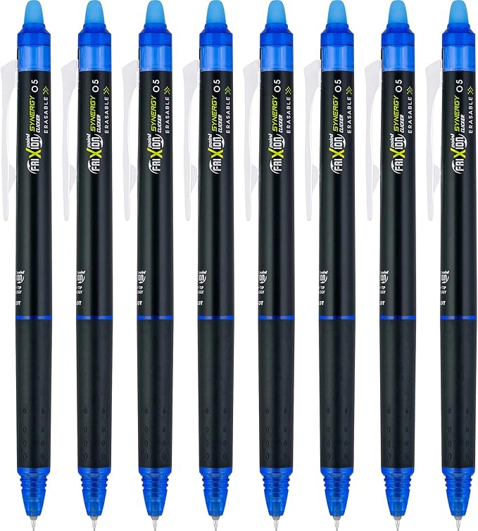Pilot FriXion Synergy Clicker Erasable, Refillable, Retractable Gel Ink Pens, Extra Fine Point 0.5 mm, Pack of 8, Blue, FriXion Erasable Pens 0.5 - Ideal for School & Office Writing