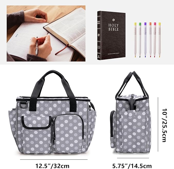 LUXJA Large Bible Bag with Water Bottle Pocket and Shoulder Strap, Bible Tote Bag for Women with Multiple Pockets (Bag Only), Polka Dots