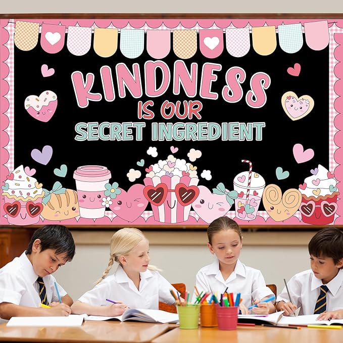 Valentine's Day Bulletin Board Decoration Set Valentines Kindness Classroom Decoration Colorful Heart Coffee Cup Cookies Cutouts for Valentines School Classroom Chalkboard Wall Decor Party Supplies